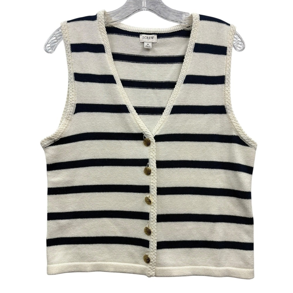 J Crew Striped Sweater Vest Nautical Coastal Preppy Button Front Minimalist M